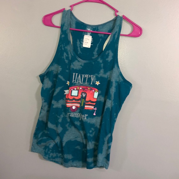 Handmade blue bleached tie-dye happy camper tank - Picture 2 of 3